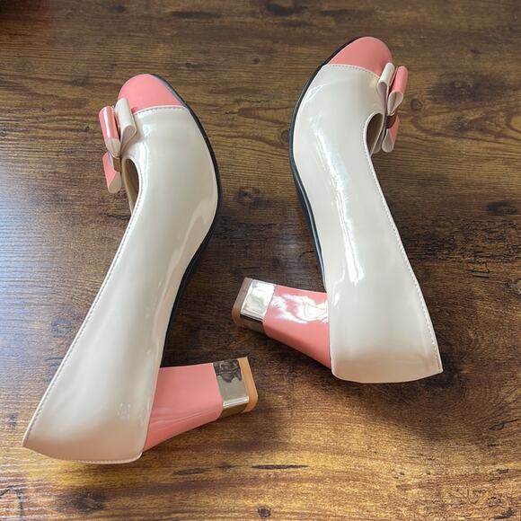Ephemeral Retro Pin Up Baby Pink & Tan Patent Round Bow Toe Heels - Picture 10 of 12